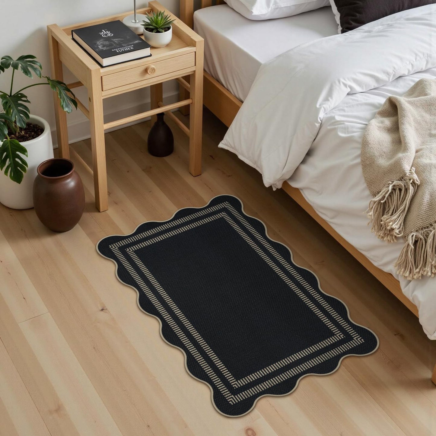 Leccod Kitchen Rugs Non Slip Washable, 17.3"x30" Cushioned Scalloped Rug Kitchen Mats for Floor, Absorbent Imitation Linen Braided Standing Mat for Sink Laundry Kitchen Decor