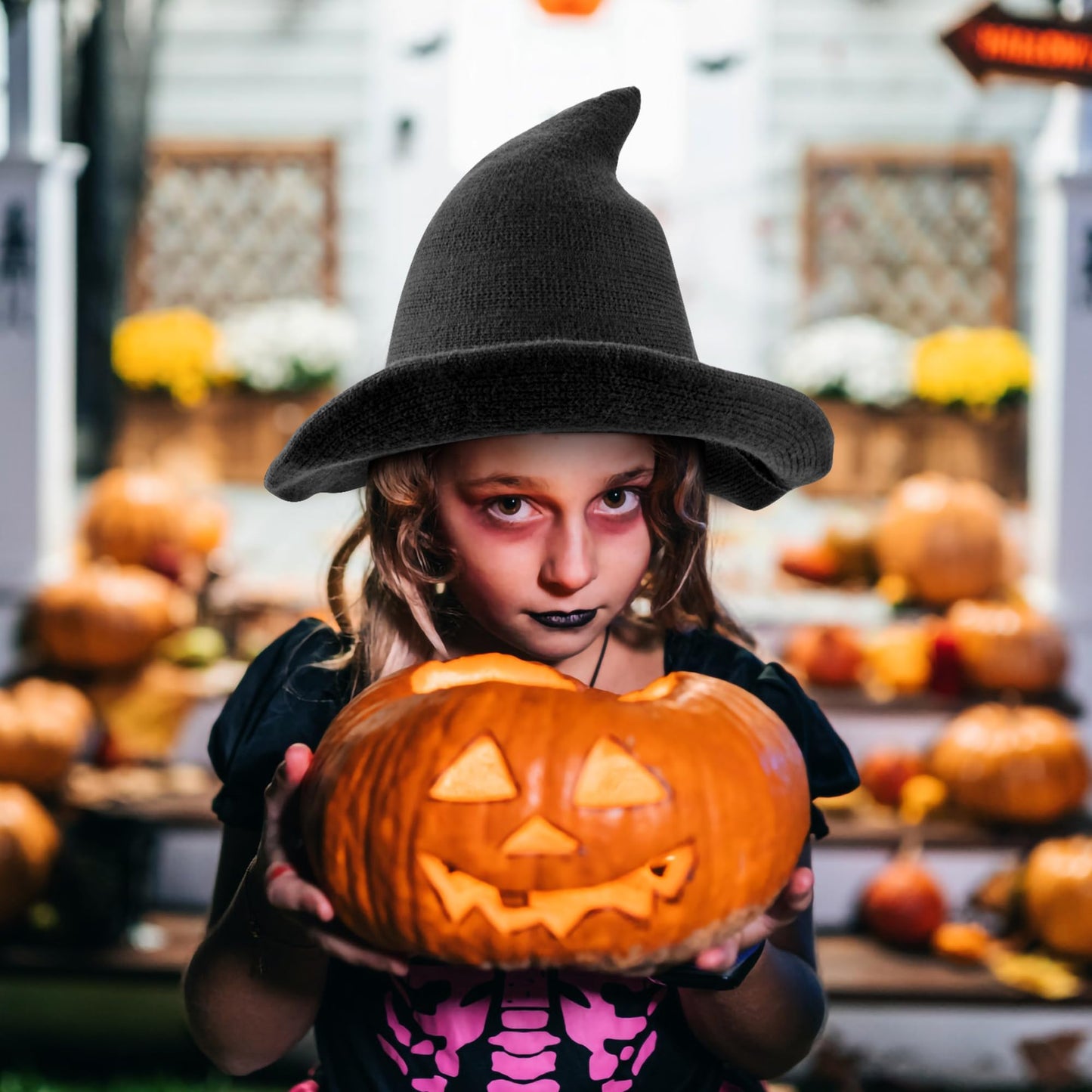 Edoneery Halloween Witch Hat for Women Wide Brim Foldable Pointed Cap for Halloween Party Costume Accessory