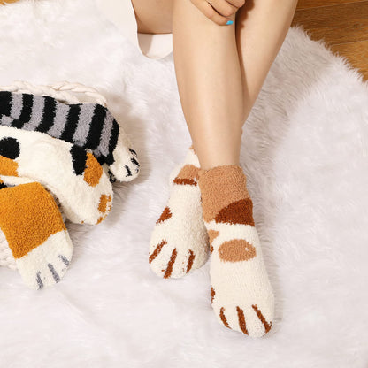 Trifabricy Fuzzy Socks for Women - 5 Pair Cute Funny Cat Fluffy Slipper Fuzzy Socks, Women's Warm Soft Cozy Cat Paw Sock for women
