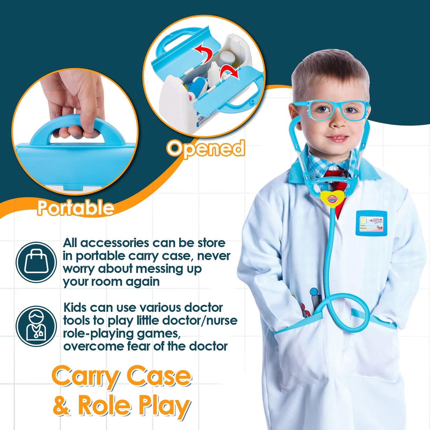 BUYGER 16 Pcs Kids Childs Toy Doctor Sets, Role Play Toys for 3 Year Old Boys, with Lights and Sounds, Gift, Blue
