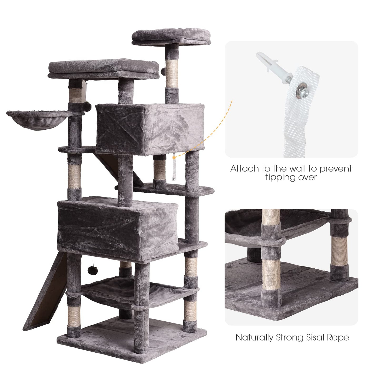 JISSBON Cat Tree Tower 178cm, Multi-Level Cat Scratching Post with Condos, Ladders, Basket, Hammock & Plush Perches for Kittens, Large Cats, Light Grey