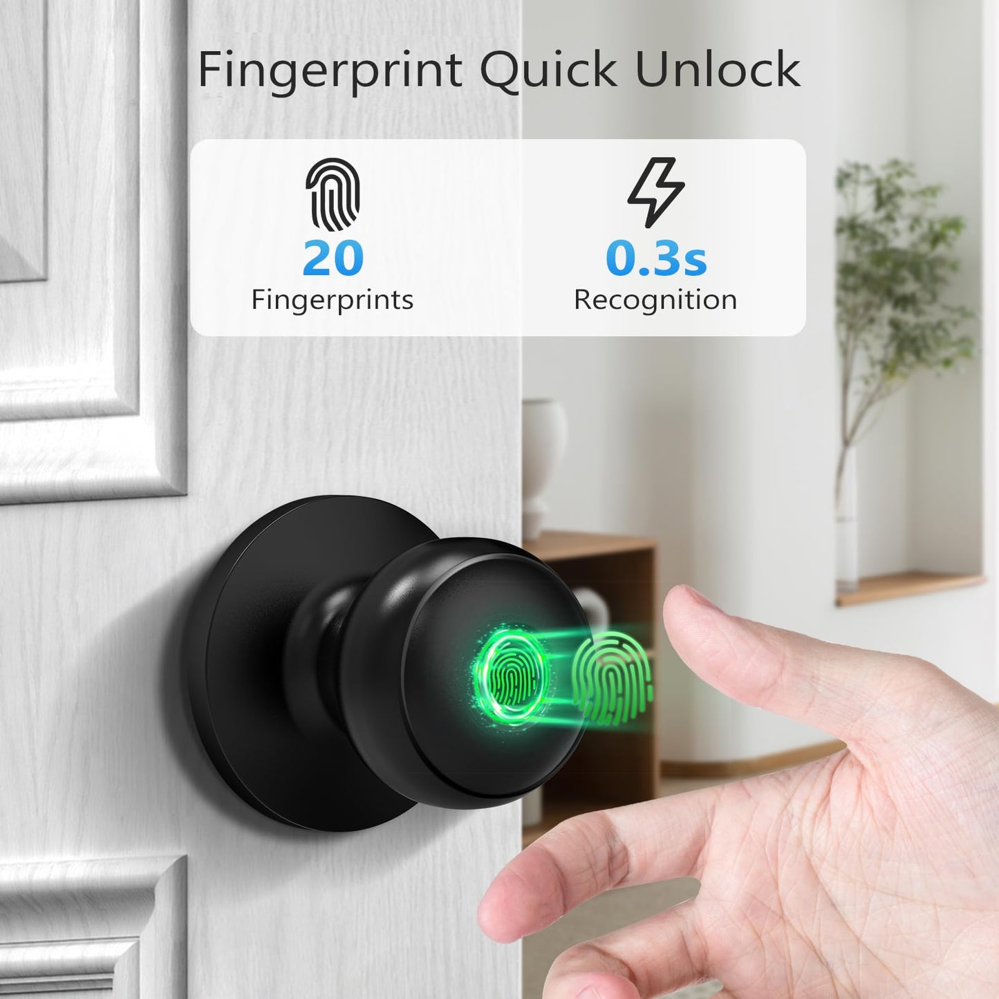 GeekTale Fingerprint Door Lock for Bedrooms, Fingerprint Door Knob with Lock, Smart Door Lock, App Control, Back-up Keys, Thumbprint Door Knob for Bedrooms, Office, Apartment