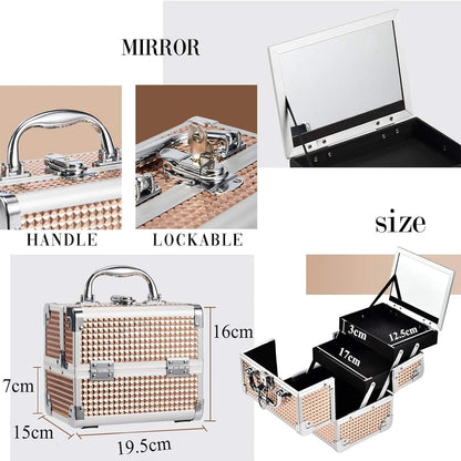 Joligrace Rose Gold Makeup Box Vanity Case Cosmetic Organiser Case Travel Make Up Case Beauty Box with Mirror, 2 Trays, Lockable, Size: 19.5 x 15 x 16cm