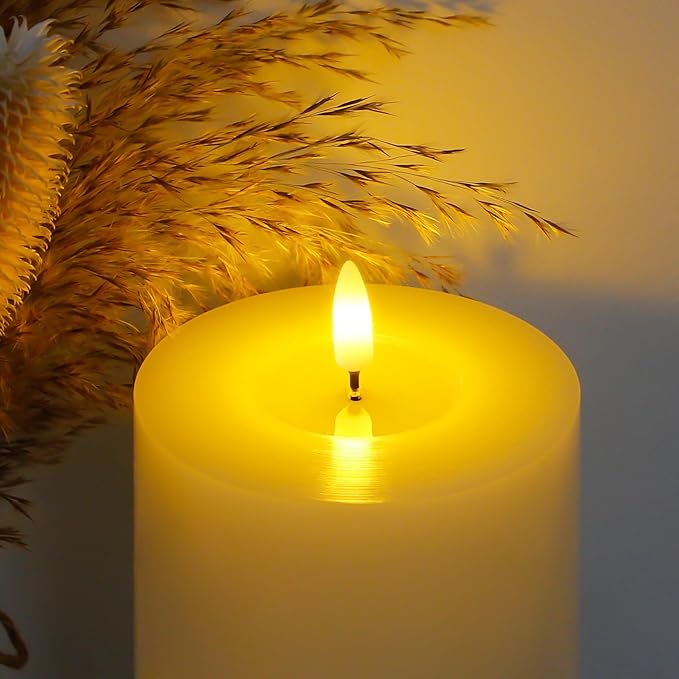 4" x12" Flameless Flickering Remote Ivory Candles with Candle Grease and Timer, LED Battery Operated Fake Real Wax 3D-Wick Pillar Candles, Pack of 1