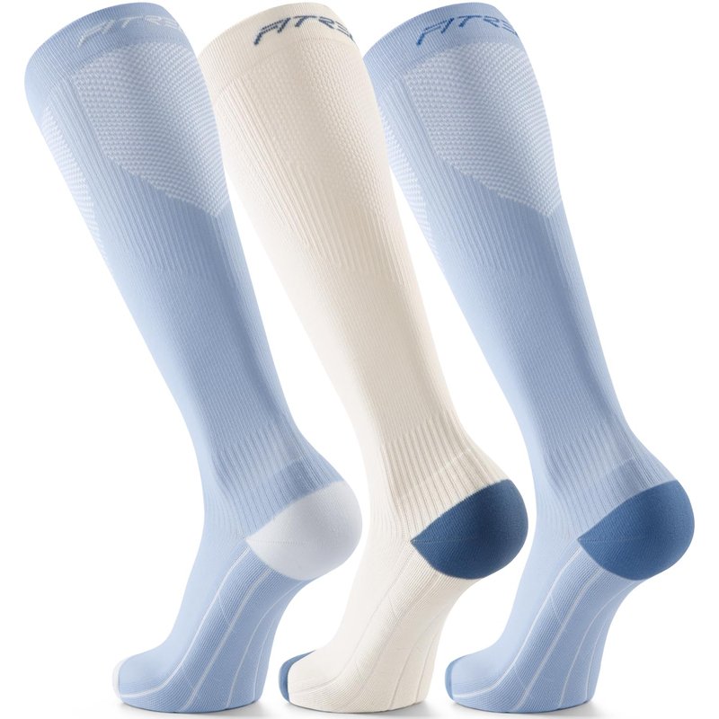 FITRELL 3 Pairs Compression Socks for Women and Men 20-30mmHg Support Socks for Travel, Running, Nurse, Knee High, Dot Clear Days, Light Blue+White, S/M
