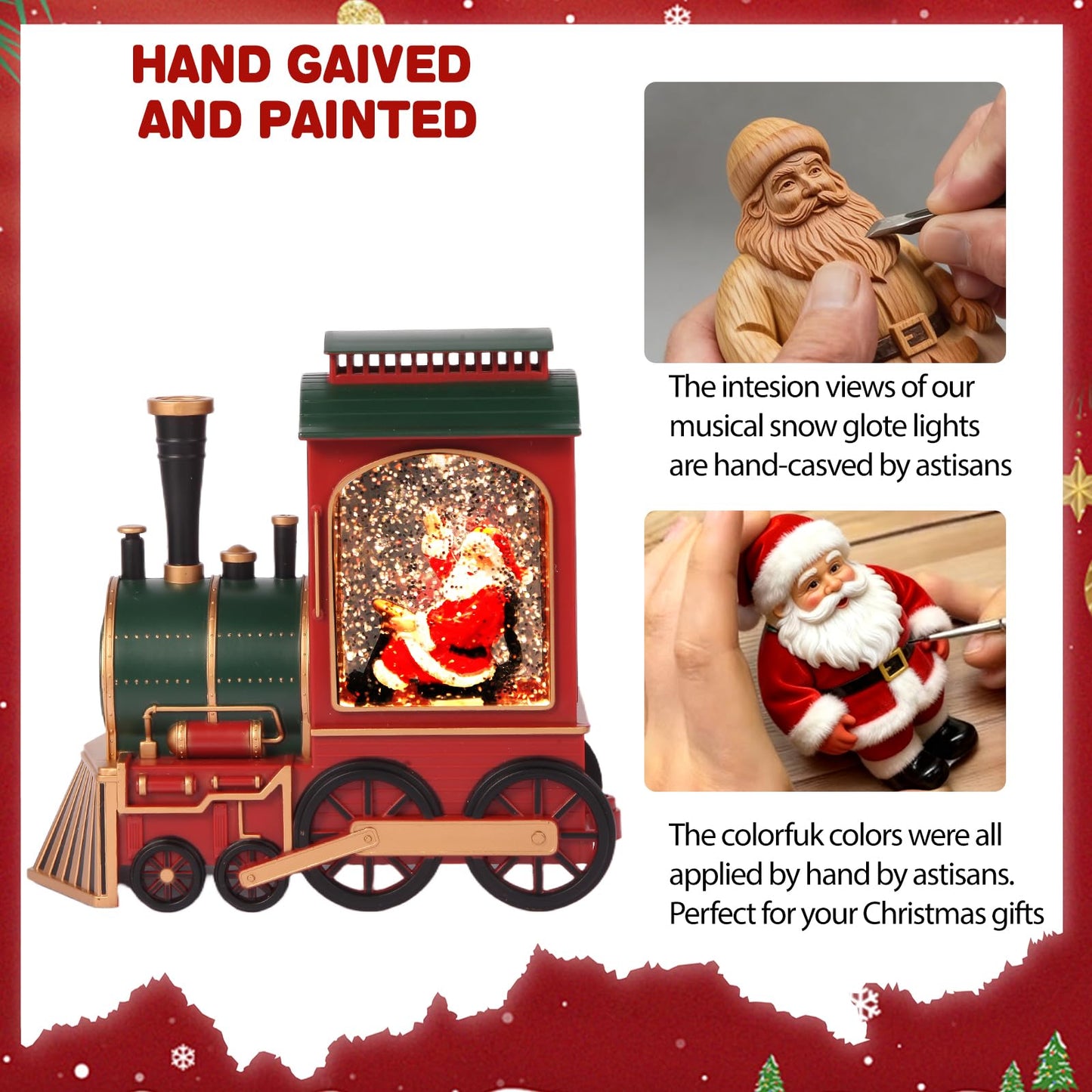Train Christmas Snow Globe, Santa in Musical Train LED Glittering with 6H Timer Battery & USB Powered, Retro Style Holiday Glitter Globe for Xmas Home Decoration Holiday Party Gifts