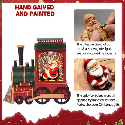 Train Christmas Snow Globe, Santa in Musical Train LED Glittering with 6H Timer Battery & USB Powered, Retro Style Holiday Glitter Globe for Xmas Home Decoration Holiday Party Gifts