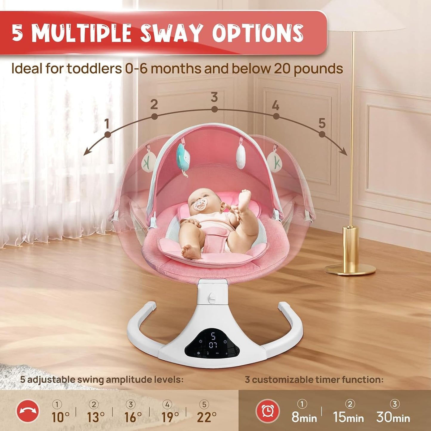 Electric Baby Swing for Infants to Toddler| Portable Infant Swing with Remote Control, Swing with 5 Speeds, 3-Point Harness for Baby Boy Girl (Pink)