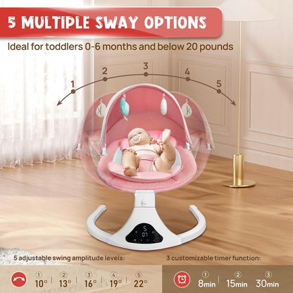 Electric Baby Swing for Infants to Toddler| Portable Infant Swing with Remote Control, Swing with 5 Speeds, 3-Point Harness for Baby Boy Girl (Pink)