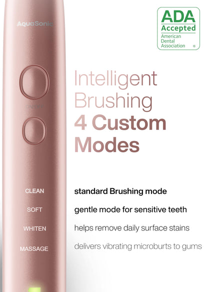 Aquasonic Vibe Series Ultra Whitening Toothbrush ADA Accepted Electric Toothbrush - 8 Brush Heads & Travel Case - Ultra Sonic Motor & Wireless Charging - 4 Modes w Smart Timer Satin Rose Gold