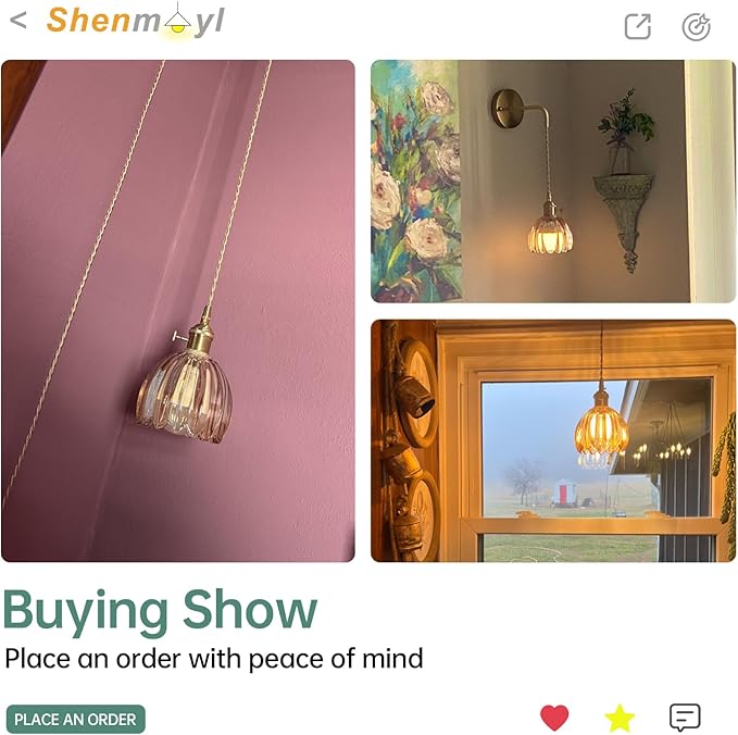 Vintage Wall Sconce Wall Lamp with Amber Tulip Glass Shade Hanging Wall Sconce with 4.9FT Plug in Cord, Modern Wall Lamp Fixtures Decor for Bedside Bedroom Indoor Doorway