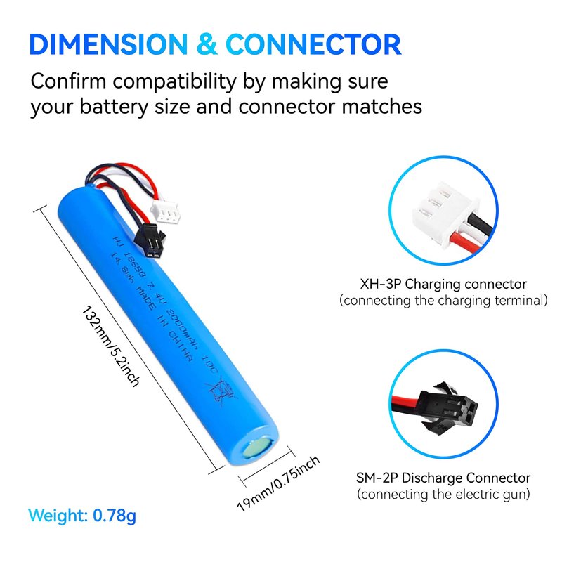 RunCam 7.4V 2000mAh Battery for Splatter Ball Gun Gel Bead Blaster Airsoft: 2 Pack Rechargeable Replacement Batteries with USB Charging Cable SM2P Plug Compatible with Splatrball SRB1200 400 400-SUB