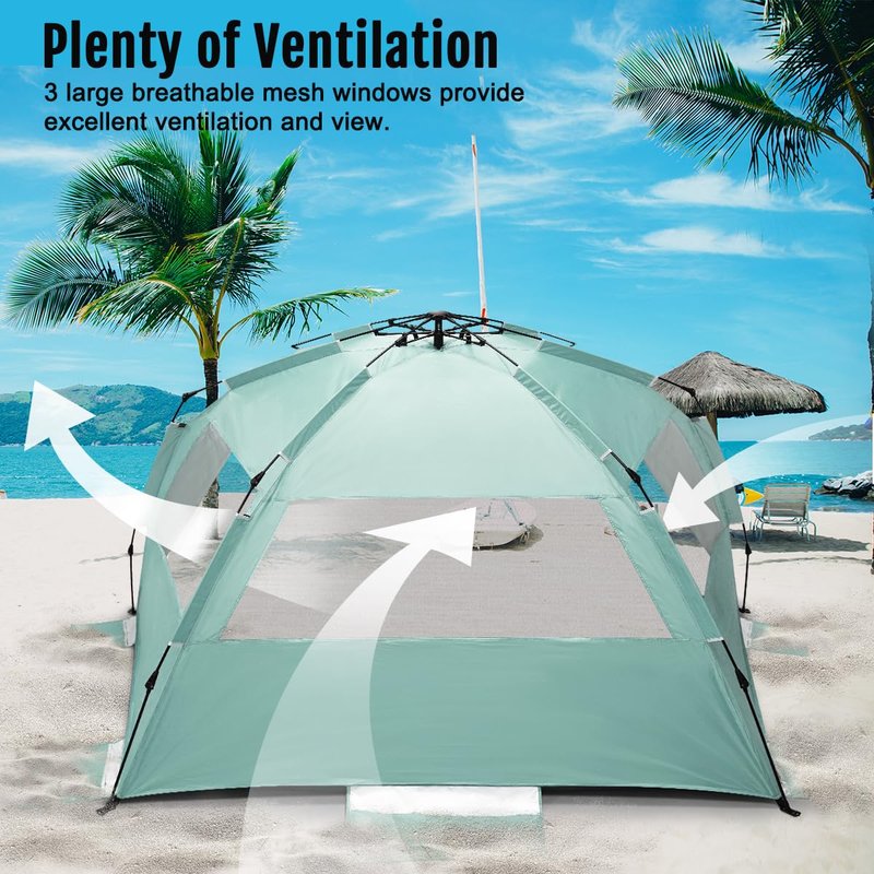 WhiteFang Deluxe XL Pop Up Beach Tent Sun Shade Shelter for 3-4 Person, UV Protection, Extendable Floor with 3 Ventilating Windows Plus Carrying Bag, Stakes, and Guy Lines (Mint Green)