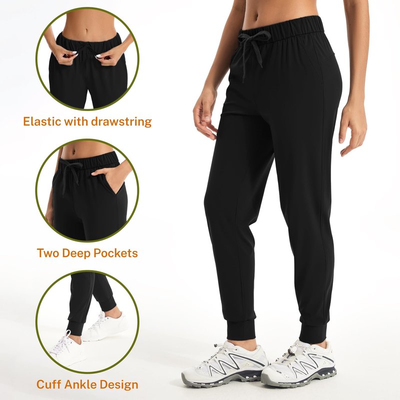 Trryln Women's Joggers Pants with Pockets Drawstring Running Sweatpants Workout Casual Tapered Pants Black