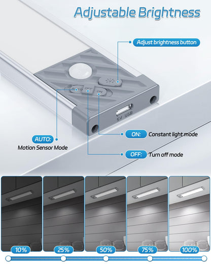 HIBOITEC Cabinet Lighting LED with Motion Sensor, Dimmable Under-Unit Light Kitchen 50 LED Cabinet Light, Cabinet Lighting Wireless USB Cabinet Light Battery for Wardrobe, White Light, 25.5 cm