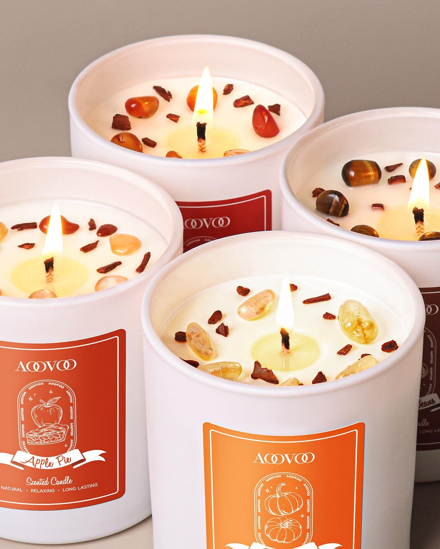 AOOVOO Fall Candles Set for Women - 4 Pack Candles for Home Scented, Aromatherapy Candle with Crystals Inside, 28 oz 200 Hour Long Lasting, Autumn Fragrance of Apple Pie/Cinnamon/Pumpkin/Nutmeg Beans
