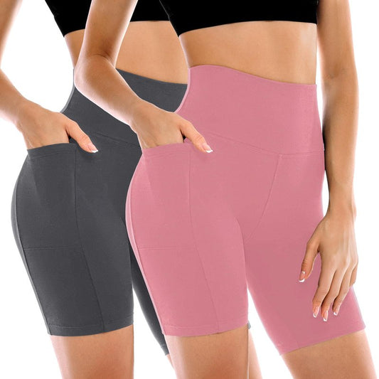 Leafigure 2 Pack Womens Biker Shorts with Pockets, High Waisted Tummy Control Yoga Shorts for Women Running Gym and Workout Dusty Pink/Grey L-XL