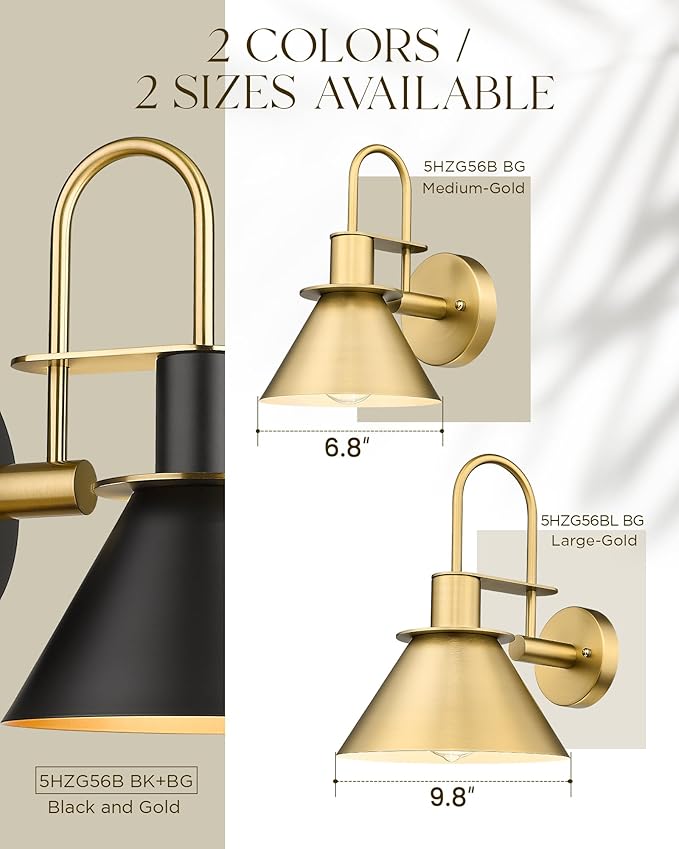 Brass Wall Sconce, HWH Gooseneck Wall Light Sconces for Bedroom Bathroom, 1-Light Indoor Wall Light Fixtures with Metal Shade, White Interior, Gold Finish, 5HZG56BL BG