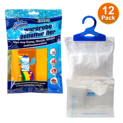 ANSIO Wardrobe Dehumidifier Hanging Bags Pack of 12 Moisture Absorbers, Trap, Condensation, Dehumidifiers for Damp, Mould, Bedroom, Caravan, Bathroom, Basement, Office – 210g Each