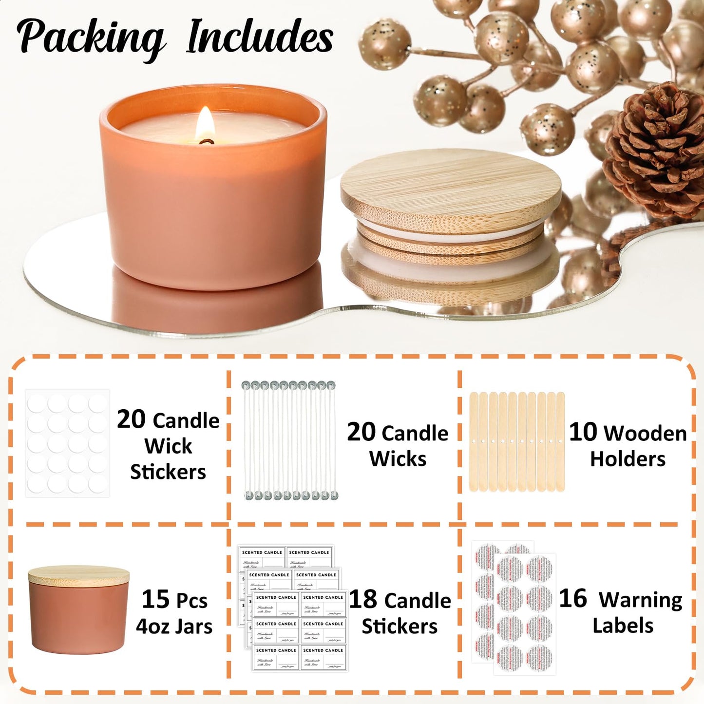 SUPMIND 4oz Fall Candle Jars 15 Pack, Small Wide Mouth Glass Empty Candle Jars with Bamboo Lids for Making Candles, Bulk Candle Container with Wick Kit, Ideal for Candle Business Owners