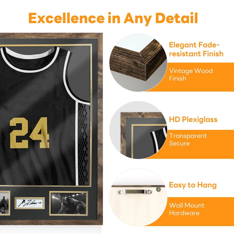 ASmileIndeep Jersey Frame Display Case, Large Shadow Box with 98% UV Protection Acrylic, Two Photo Frame One Signature Jersey Frame for Baseball Basketball Hockey Uniform, Vintage
