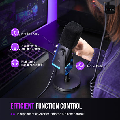 FIFINE USB/XLR Dynamic Microphone for Podcast Recording, PC Computer Gaming Streaming Mic with RGB Light, Mute Button, Headphones Jack, Desktop Stand, Vocal Mic for Singing YouTube-AmpliGame AM8