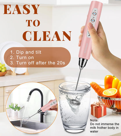 YUSWKO Black Handheld Milk Frother Wand for Coffee, Rechargeable Electric Whisk with 3 Heads 3 Speeds Drink Mixer Coffee Frother For Latte, Cappuccino, Hot Chocolate, Egg