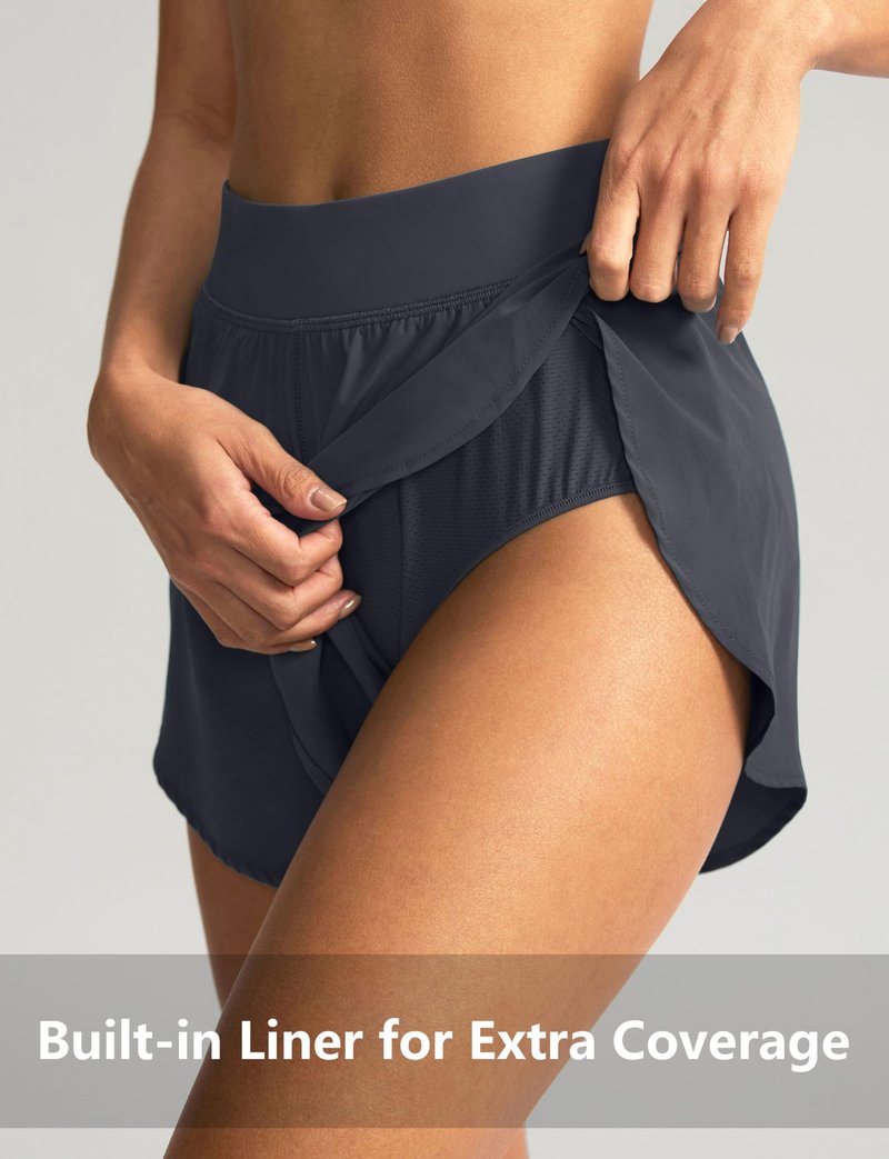 Soothfeel High Waisted Athletic Running Shorts for Women Dolphin Short High Split Quick Dry Gym Workout Shorts with Liner (Deep Grey, M)