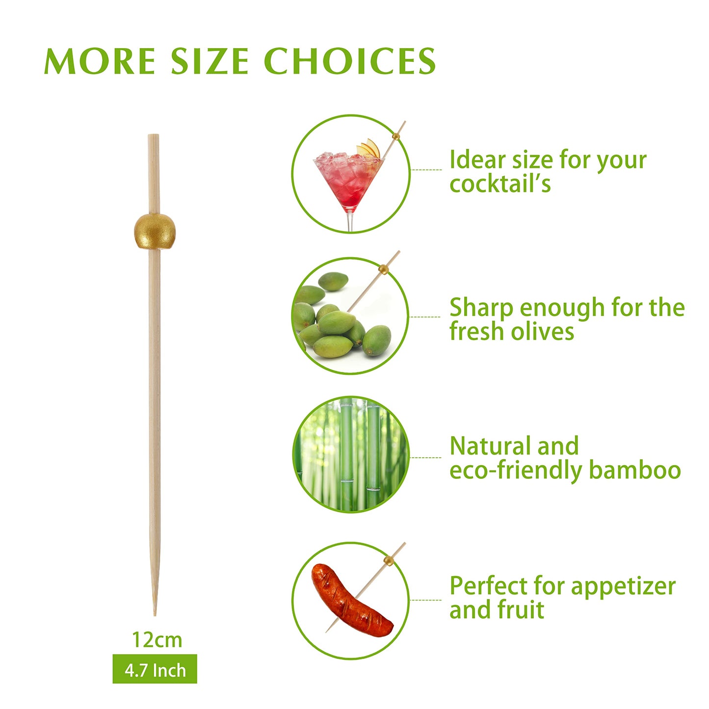 200 Pcs Cocktail Picks, 4.7 Inch Toothpicks for Appetizers, Bamboo Cocktail Sticks Skewers for Drinks, Desserts, Charcuterie, Wedding Party Fancy Toothpicks, Gold Pearl Mini Food Picks Decorative