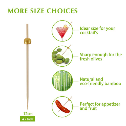 200 Pcs Cocktail Picks, 4.7 Inch Toothpicks for Appetizers, Bamboo Cocktail Sticks Skewers for Drinks, Desserts, Charcuterie, Wedding Party Fancy Toothpicks, Gold Pearl Mini Food Picks Decorative