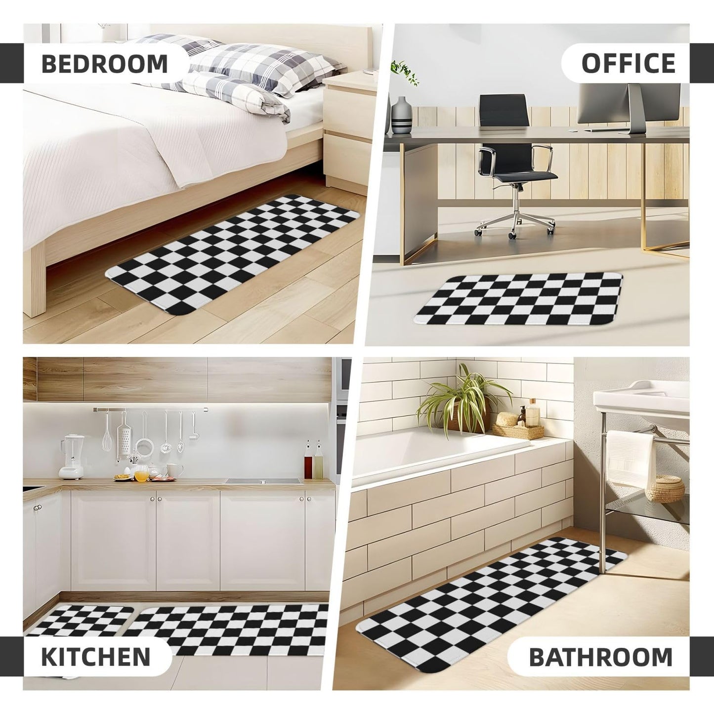 Sovvin Black and White Checkered Kitchen Rugs Microfiber Floor Mats Checkerboard Cushioned Carpet Runner Rug for Laundry Bathroom Living Room, 2 Piece Set 17"X 47" + 17"X 30"