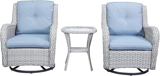 Rilyson Wicker Rocking Chair Swivel Chairs - 3 Piece Rocker Patio Furniture Set Rattan Rocking Bistro Sets with Glass Top Side Table for Outdoor Porch Deck Garden Backyard (Light Grey/Sky Blue)
