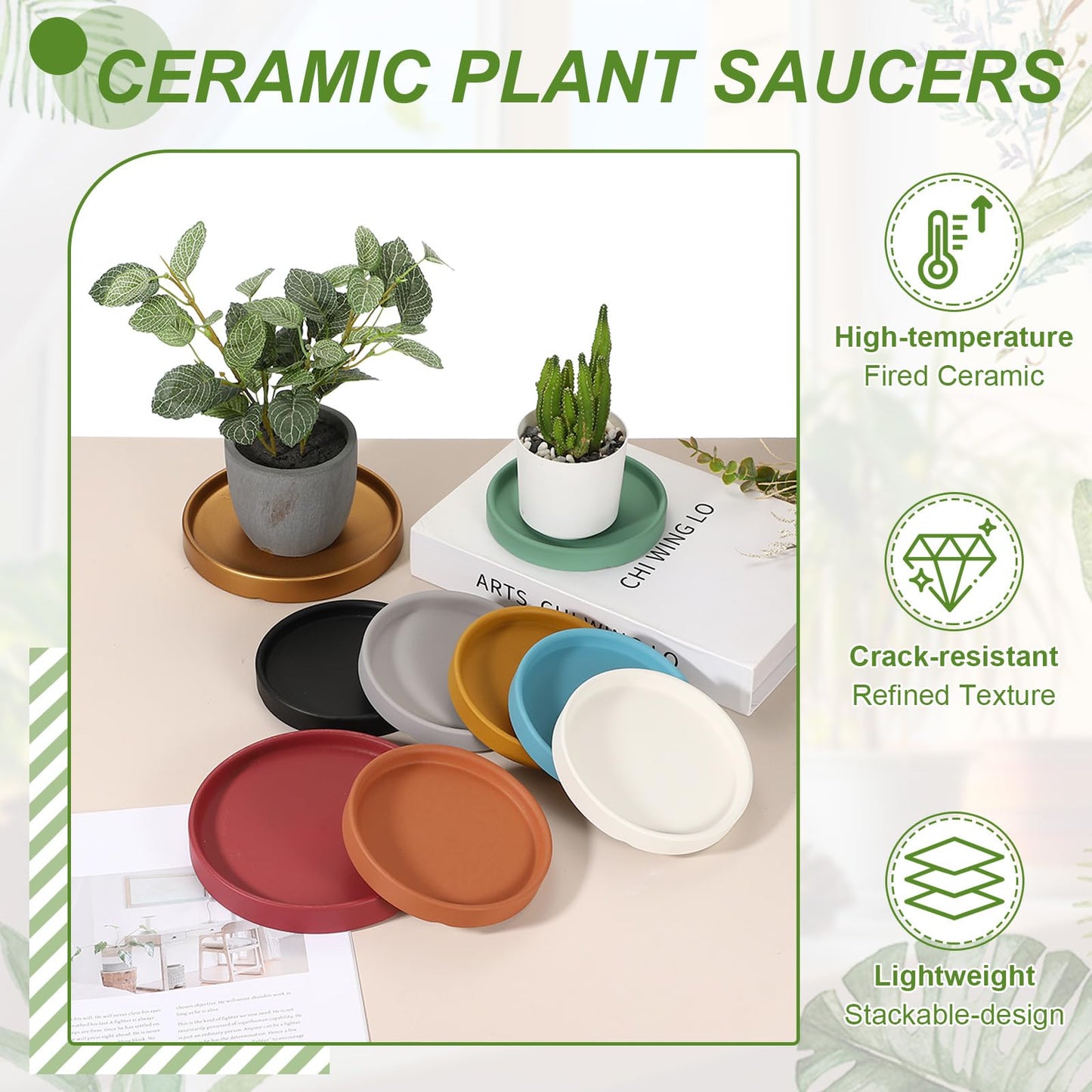 YELARXI 6.7 Inch Ceramic Plant Saucers, Round Flower Planter Water Trays Ceramic Plant Saucer Pot Tray -Fitting for (Outdoor/Indoors/Garden/Planting/Water/Flower/Coffee) Green