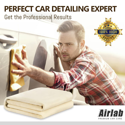 Airlab Large Genuine Chamois Leather XXL/90x60 cm, Shammy Leather Cloth, Car Washing Drying Towel, Natural Real Leather Cleaning Wipes for Mirrors, Glasses, Window, Display, Bathroom & Kitchen