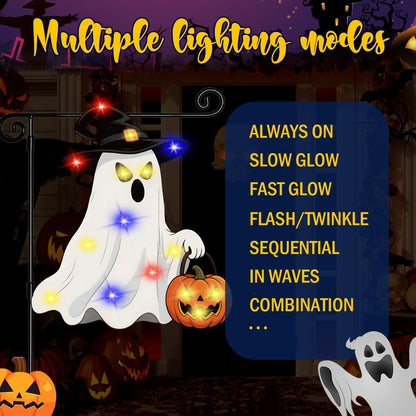 GOAUS Halloween LED Garden Flag Light Up Solar Powered, Ghost Decorations Outdoor, Double Sided Oxford Decorative Flag for Lawn Yard Outside Decor, 12x18 Inches