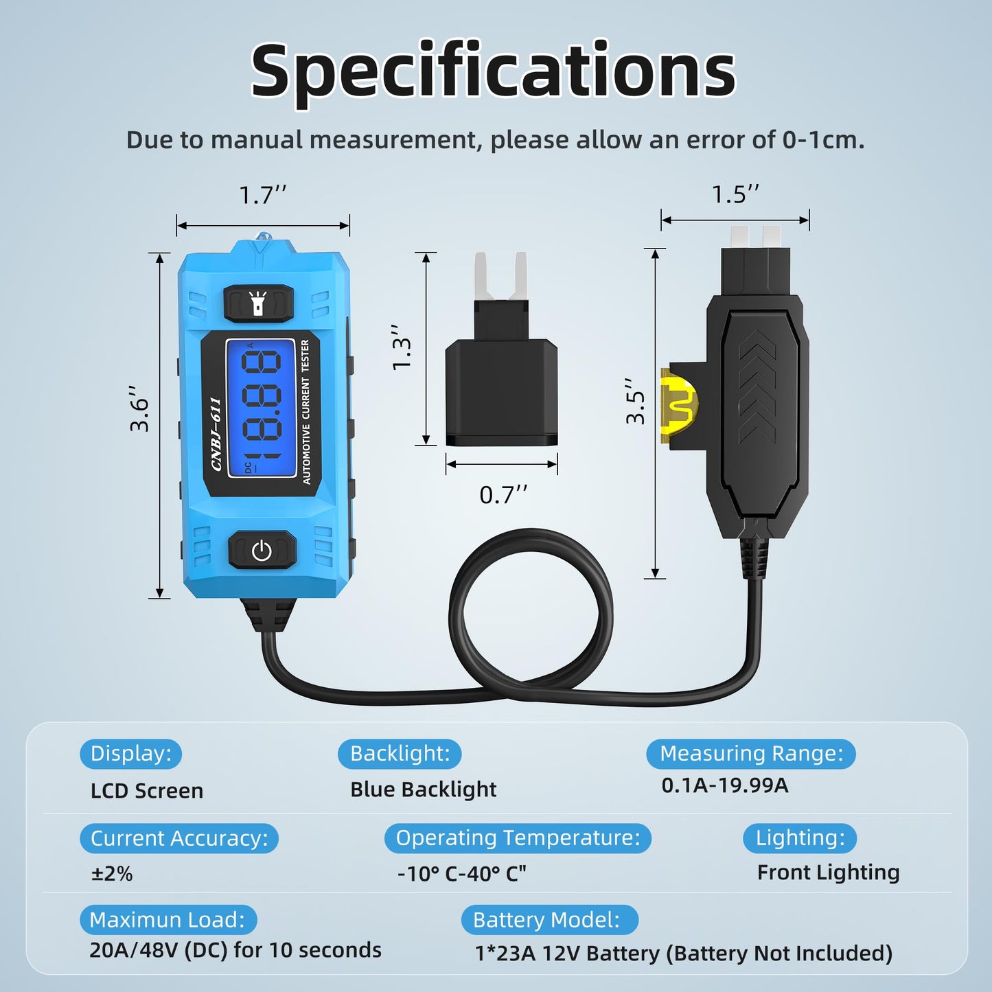 Automotive Circuit Fault Probe Tester, 48V 20A Portable High-Precision Car Circuit Probe Tester Current Fault Probe for Blade Fuses, Fuse Fault Diagnosis for Cars, Trucks, SUVs