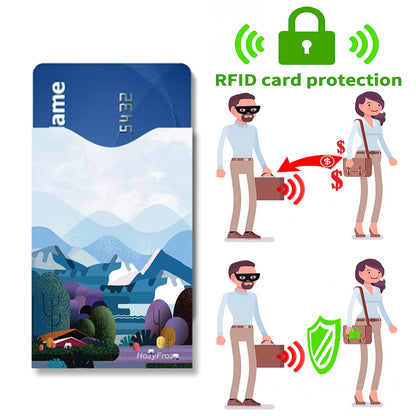 8 RFID Blocking Sleeves, Unique Designs and Arts in Blue, Anti-Theft Credit Card Holder, Credit Card Protector, Easy to Recognize, Sturdy and Perfect size for cards