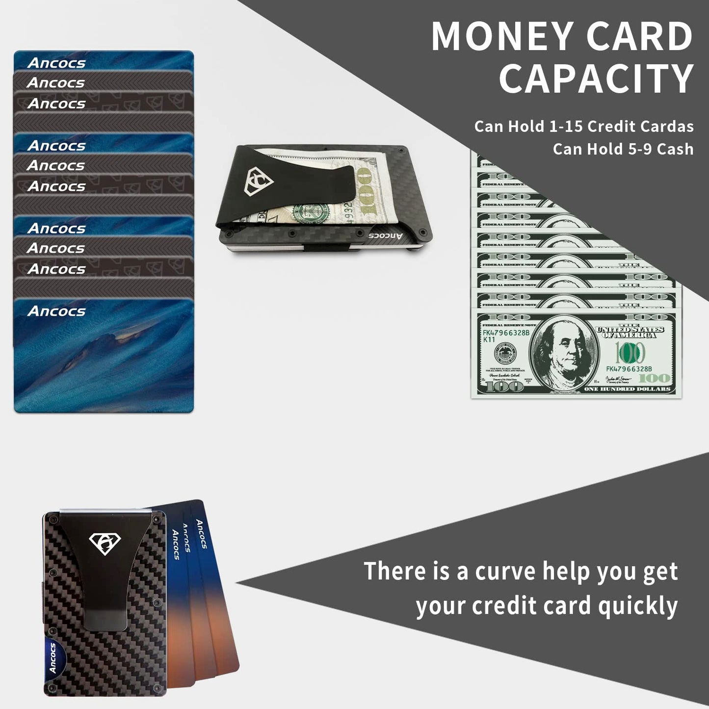 Ancocs Carbon Fiber Credit Card Holder with Metal Money Clip -NFC RFID Blocking Slim Metal Wallet Purse for Men (2021 New)