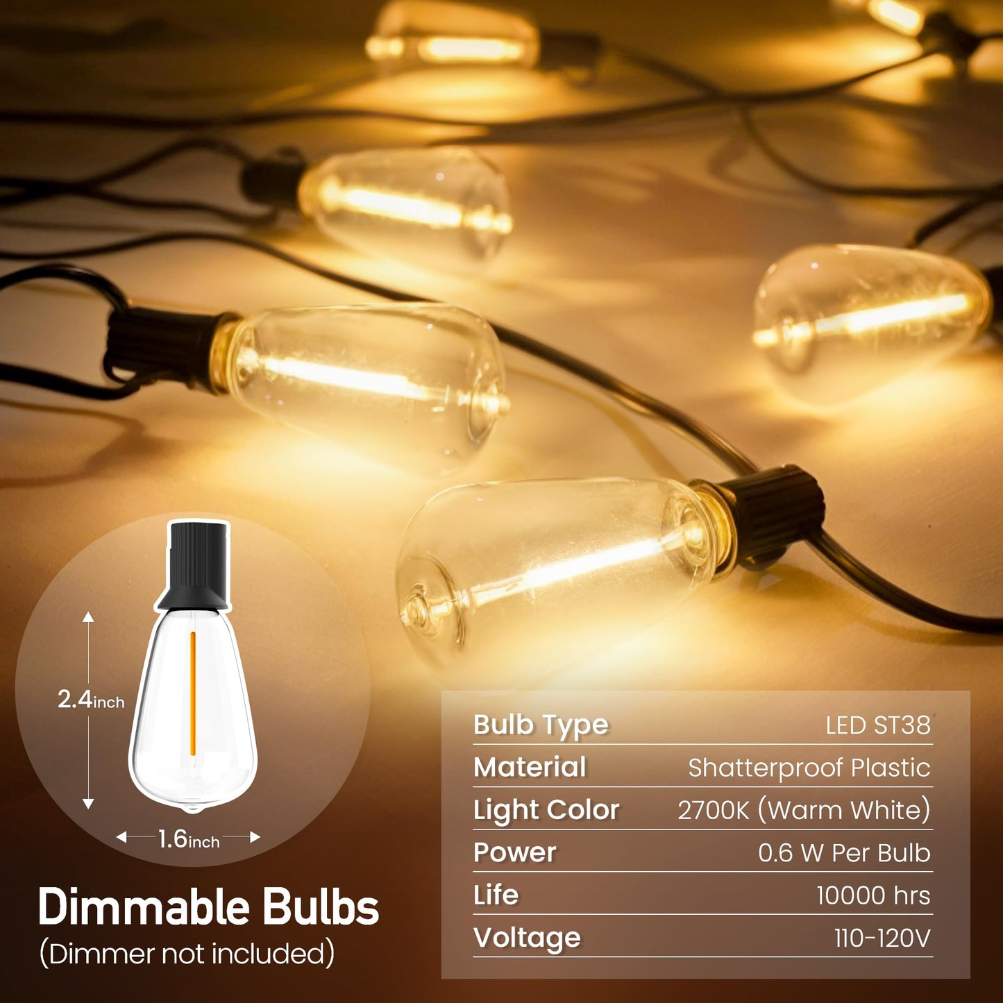 AUBVERC Outdoor String Lights 100 FT 52 Shatterproof LED Bulbs, UL Certified Patio Lights Outdoor Light Strings Waterproof for Patio Yard Outside Party Wedding, Connectable Dimmable 50 Sockets 2700K