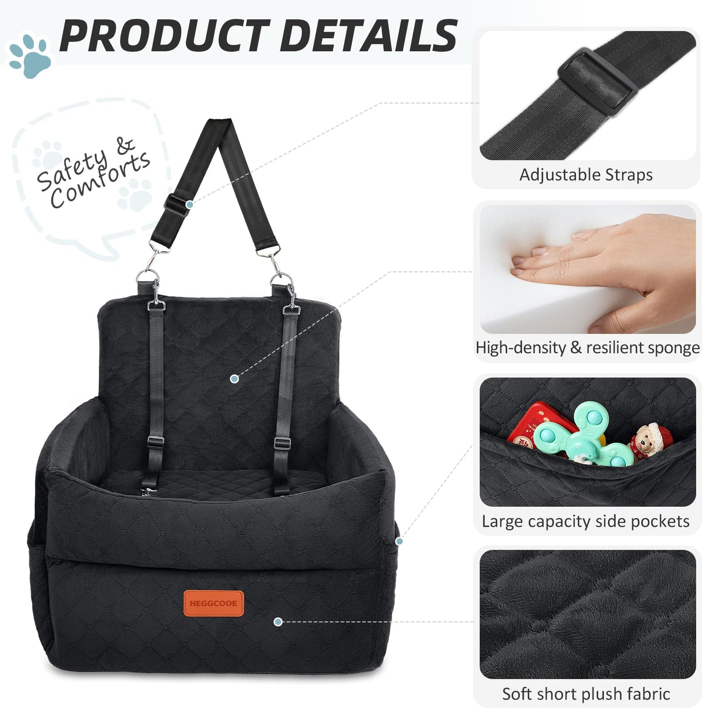 HEGGCOOE Small Dog Car Seat, Memory Foam Dog Booster Seats with Thick Cushion for Medium Dogs Under 35lbs, Detachable Washable Pet Car Seat with Storage Pockets,2 Safety Belts