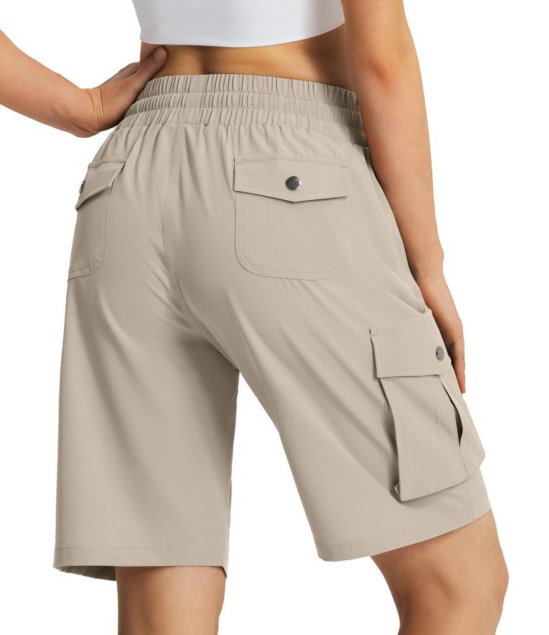Hugut Women's 9" Hiking Cargo Shorts Quick Dry Lightweight Summer Shorts for Camping Travel Golf 6 Pockets Khaki