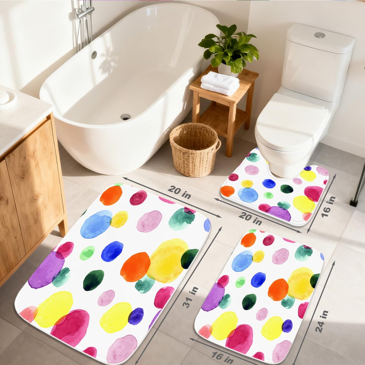 TheBlackSpot Colorful Cartoon Polka Dot Bathroom Rugs Bath Mat Sets 3 Piece Imitation Cashmere Imitation Cashmere Anti Slip Mats,U-Shaped Contour Shower Mat