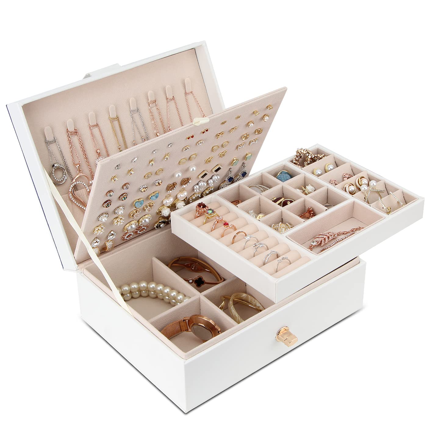 YONZONE Jewellery Box Organiser for Women Girls, 3 Layer Large Jewellery Case Storage with Removable Compartment for Necklace Earrings Rings Bracelets, PU Leather Travel Jewelry Boxes Gift, White