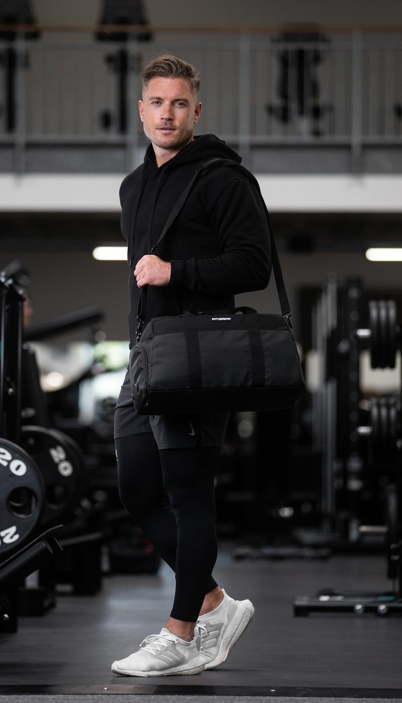 Fitgriff® Gym Bag V2 for Men and Women with Shoe & Wet Compartment - Duffle Bag for Travel, Sports, Fitness and Workout (Full Black, 19 x 10 x 11″ (Small))