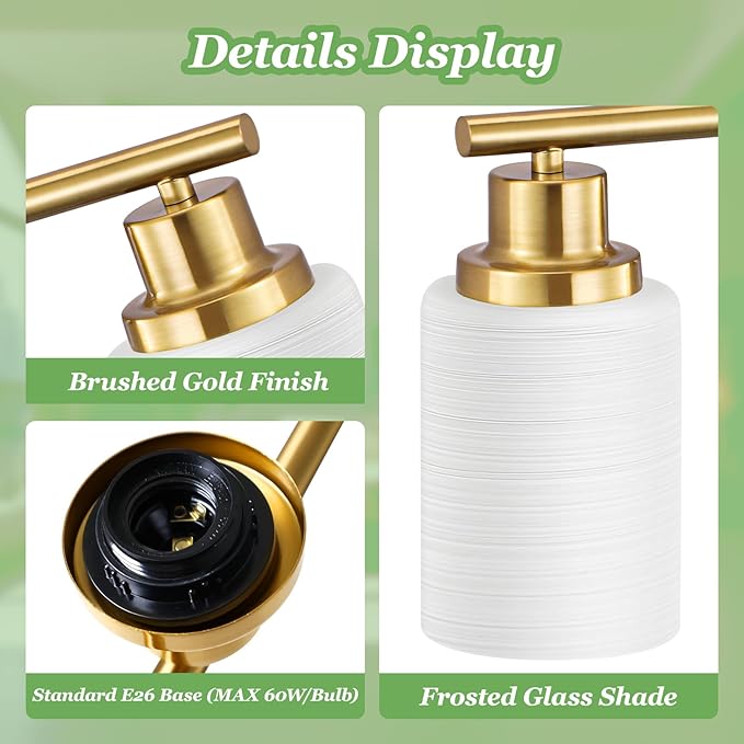 8-Light Vanity Lights, Brushed Gold Bathroom Light Fixture with Striped Textured Milky White Glass Shade, Modern Vanity Lighting Fixture for Bathroom Wall Light Over Mirror, E26 Wall Sconce