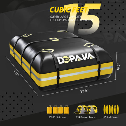 Car Rooftop Cargo Carrier Bag,100% Waterproof Heavy Duty 1000D Car Top Carrier,15 Cubic Feet Car Roof Bag for All Vehicle with/Without Rack,Anti-Tear Anti-Slip Mat, Luggage Lock,6 Door Hooks