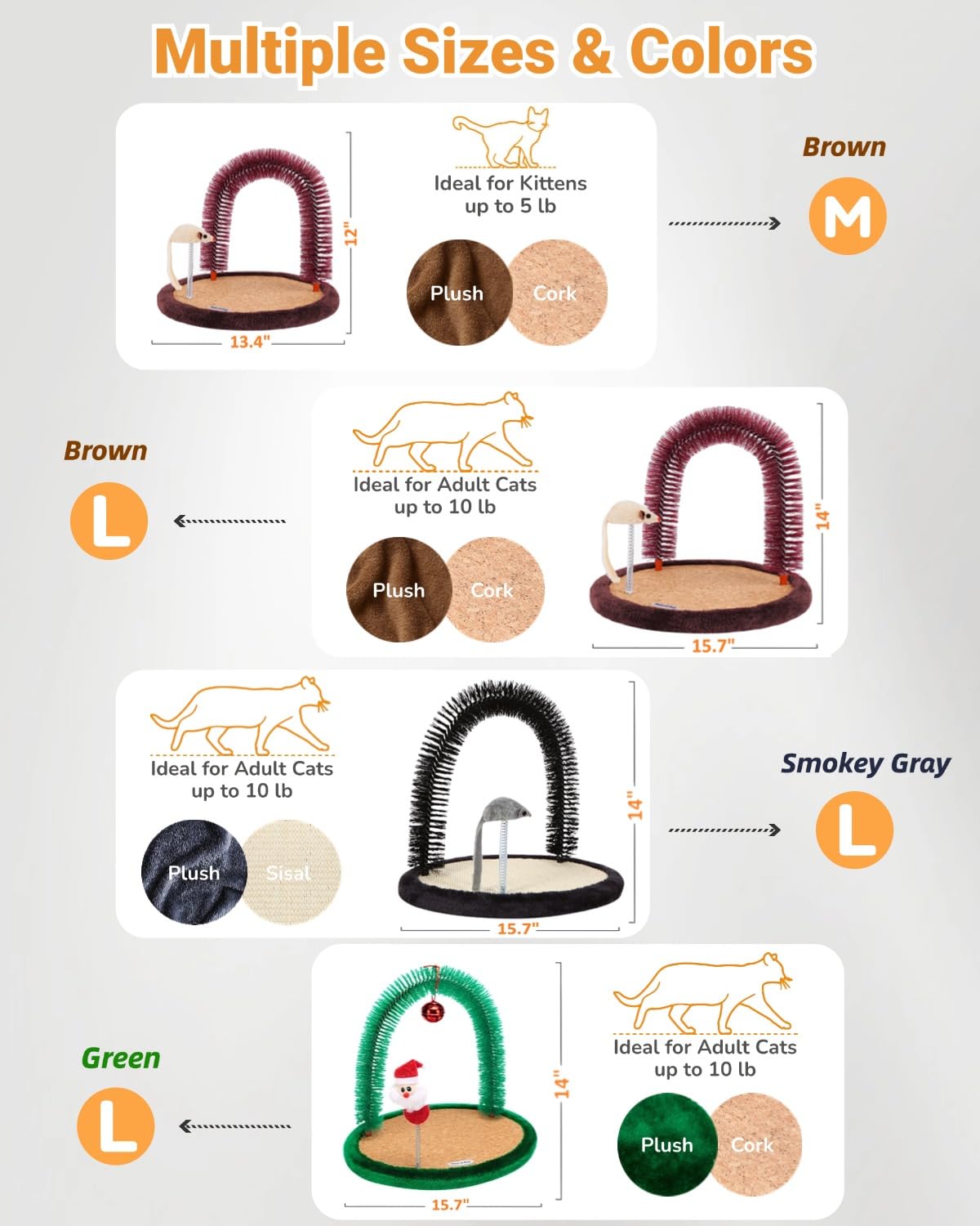 Happi N Pets Original Cat Self Groomer, Arch Grooming Brush wtih Heavy Wooden Scratching Pad, Rubbing Post & Toy, Cat Face Scratchers Body Massager, Cat Scratchers for Indoor Cats, Brown