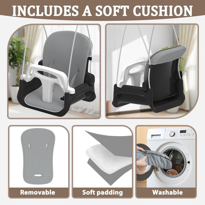 Toddler Swing with Soft Cushion, Foldable Indoor & Outdoor Baby Swing, Easy to Install & Store for Backyard Play (Black)