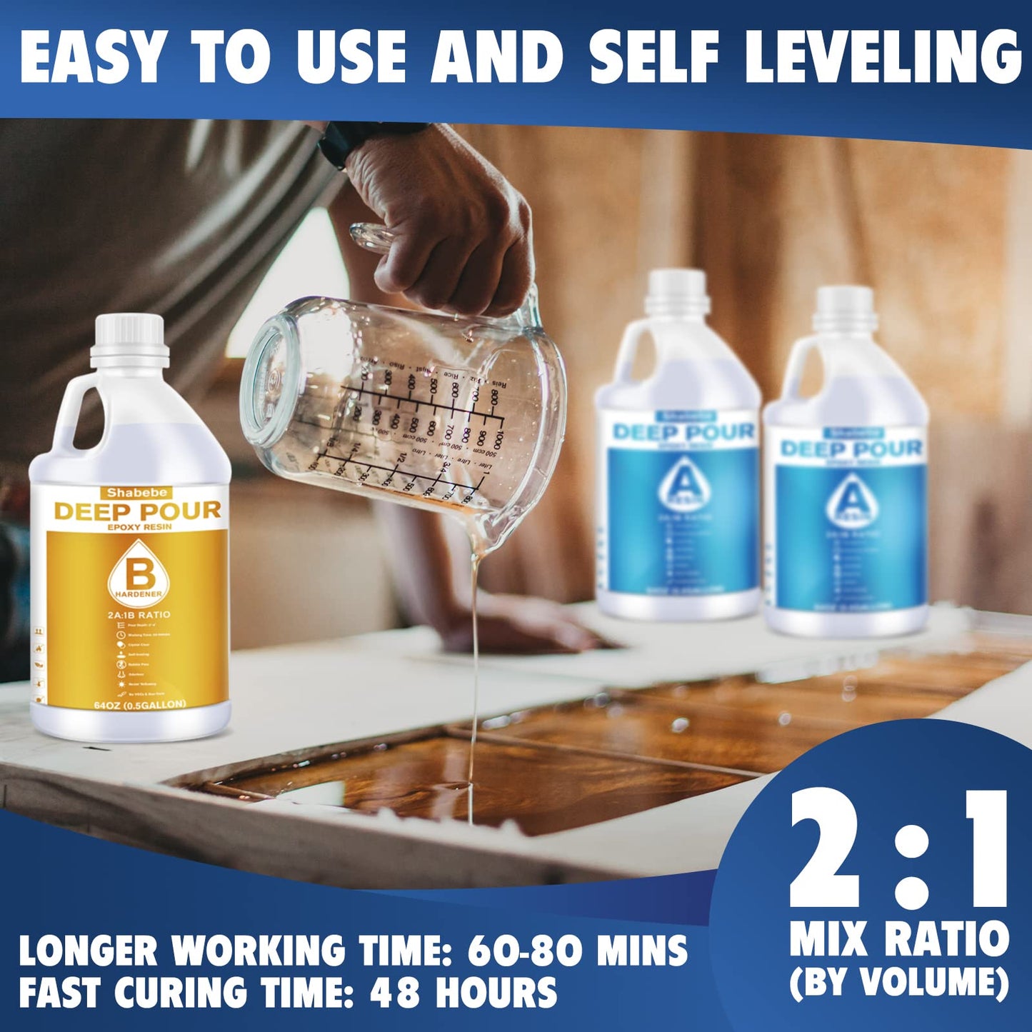 Deep Pour Epoxy Resin 1.5 Gallon, 2 to 4 Inch Depth Clear Epoxy Resin Kit with Mixer, Bubble Free, Low Odor 2:1 Casting Resin for Table Top, Countertop, River Table, Wood Filler, Bar Top