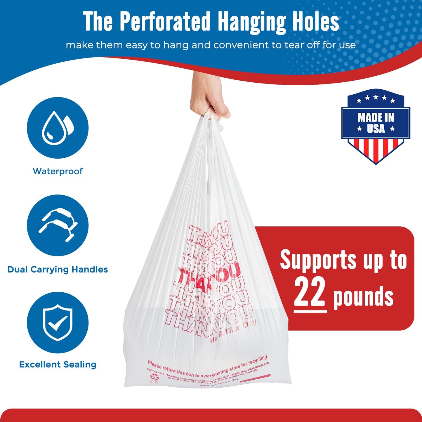 Fuxury 1000 Count Thank You Plastic Bags (12" x 6.5" x 21") White, T-shirt, Grocery, Take Out, To Go, Retail Shopping Bags in Bulk (Made in USA)